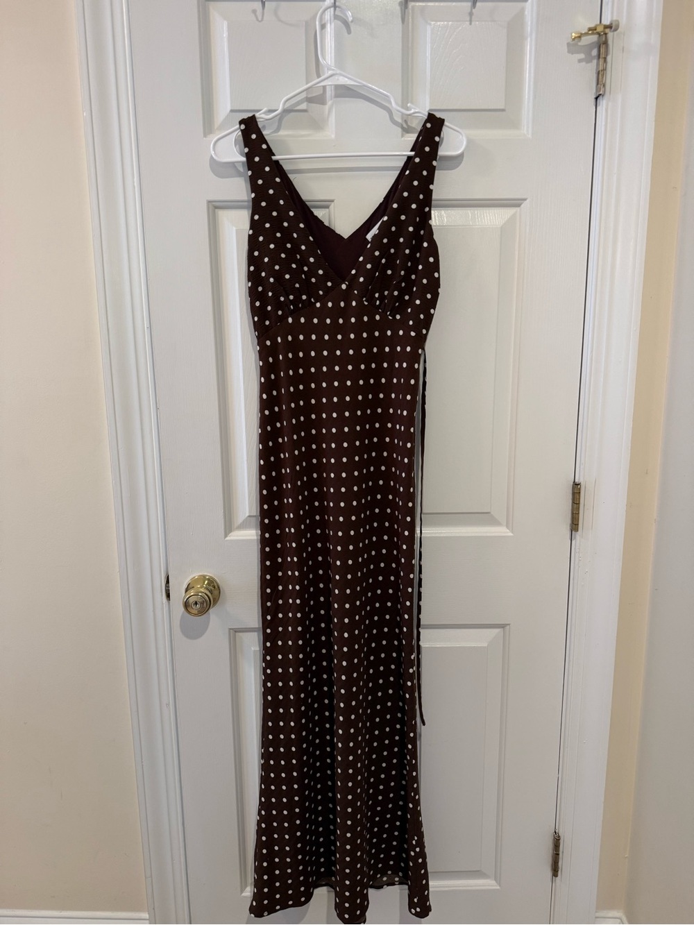 Princess Polly Brown Maxi Dress with White Polka Dots
